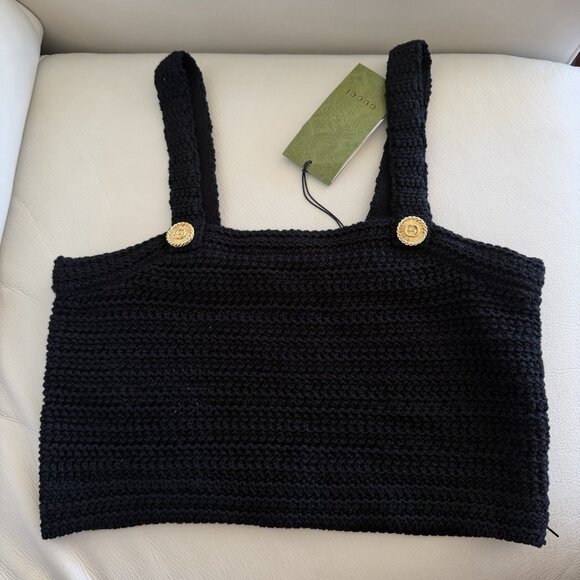 NWT GUCCI Crochet-Knit Sleeveless Crop Top Sz L Black 100% Authentic - Picture 5 of 10